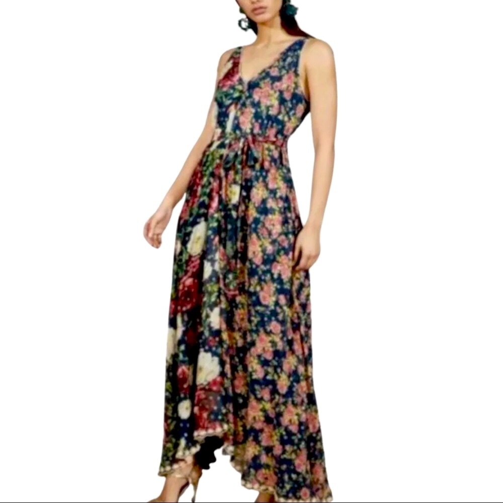 Hemant & Nandita x Anthropologie Hermosa Bias XS 0 2 Blue Pink Floral Maxi Dress
